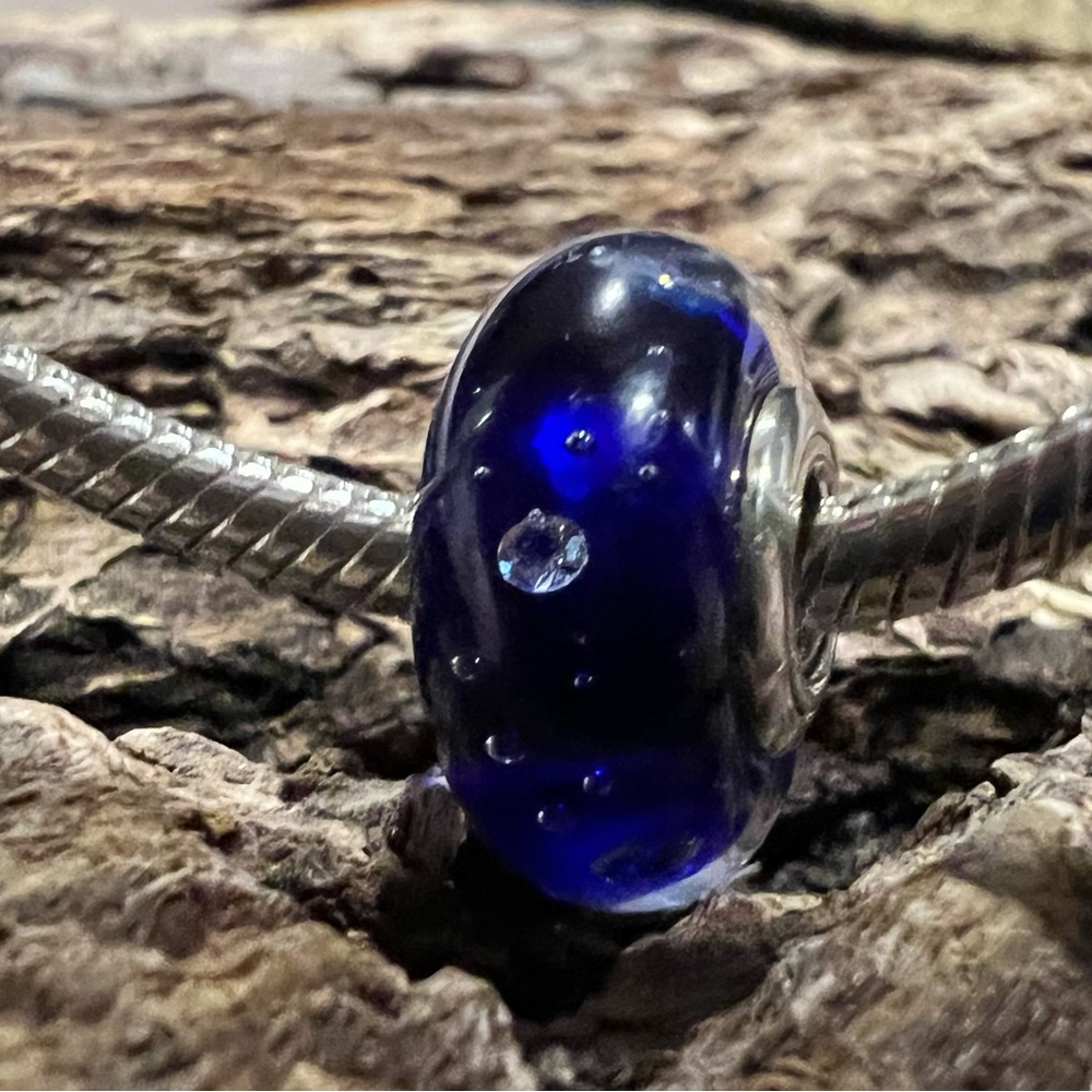 HTF Authentic Pandora Murano Dark Blue Effervescence Glass Charm Bead Zirconia - Picture 3 of 5